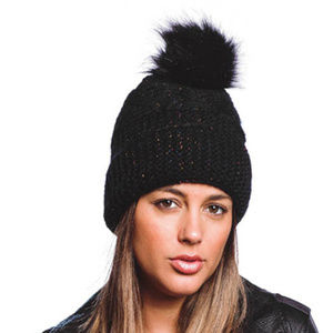 Knit Beanie Fuzzy Lined With Pom-pom
